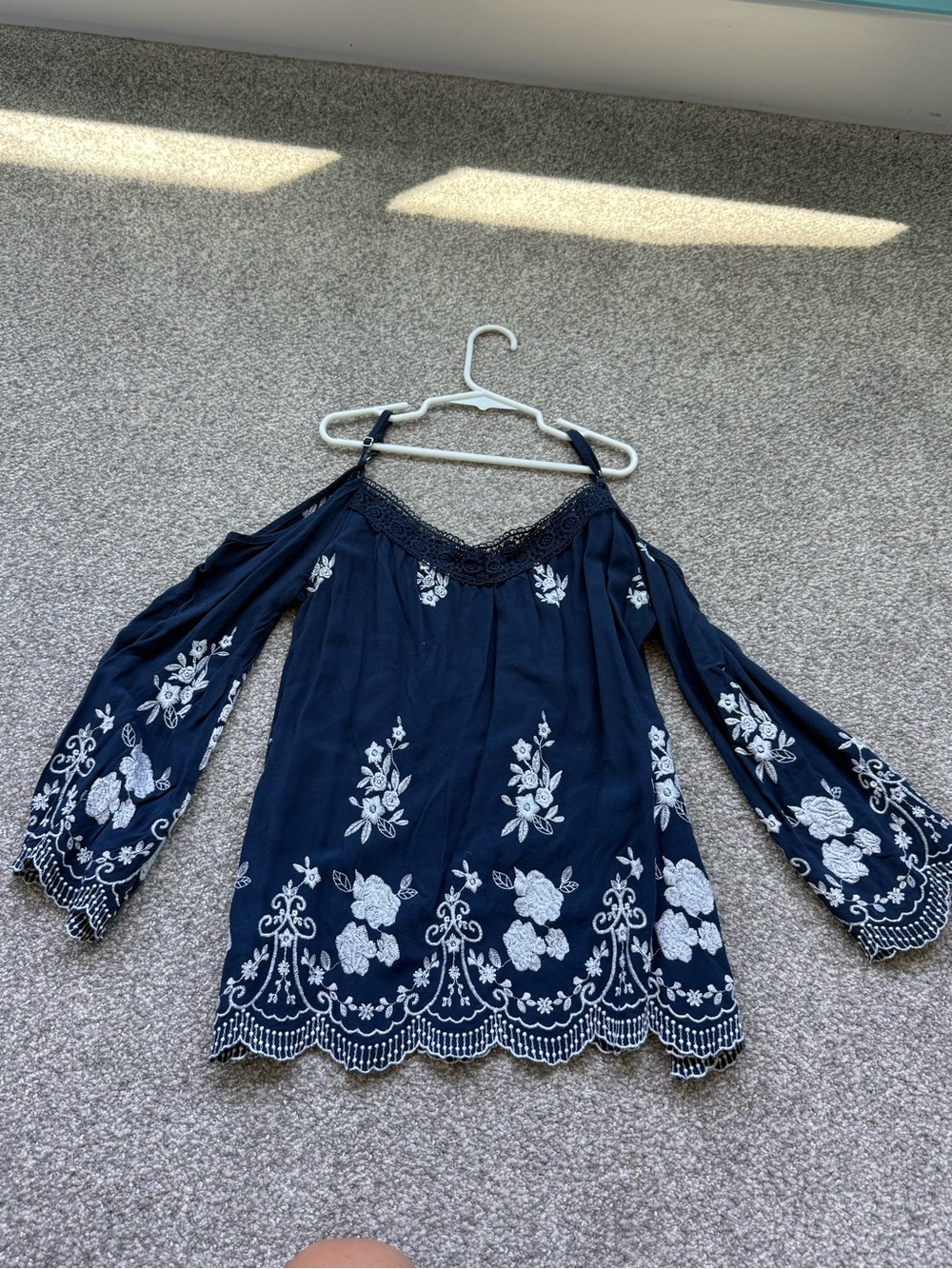 mine Navy Cold-Shoulder Embroidered Blouse